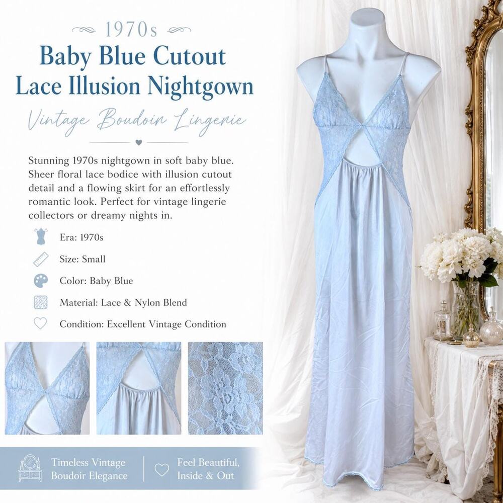 1970s Baby Blue Cutout Lace Illusion Nightgown Vintage Boudoir Lingerie Small